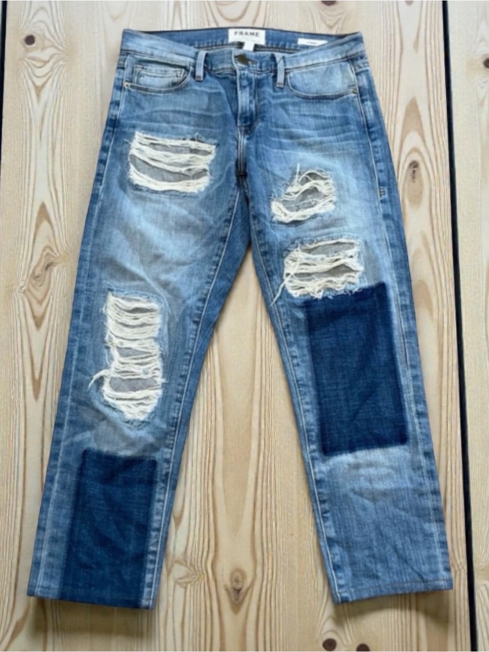 Frame Le Garçon Denim Distressed Patchwork Cropped Jeans w/ Dark Indigo Patches